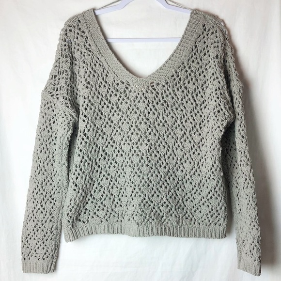 NWT! Nicole Miller Artelier Crochet Knit Button Front Taupe L Cardigan Boho Chic - Picture 2 of 7